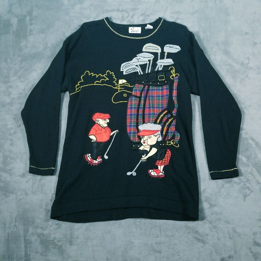 VINTAGE Sandylo Sweater Womens Black OSFM GOLF GOLFERS Embroidered Gold Accents